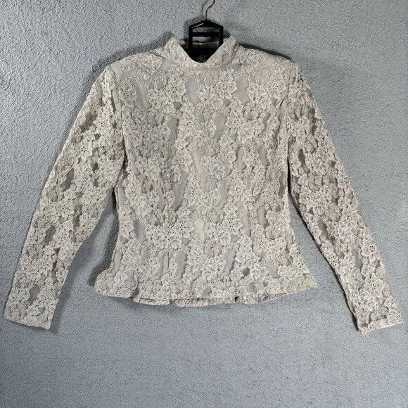 Vintage Ursula Of Switzerland Lace High Neck Blouse‎ Size 8P Beige Floral Blouse - Picture 1 of 13